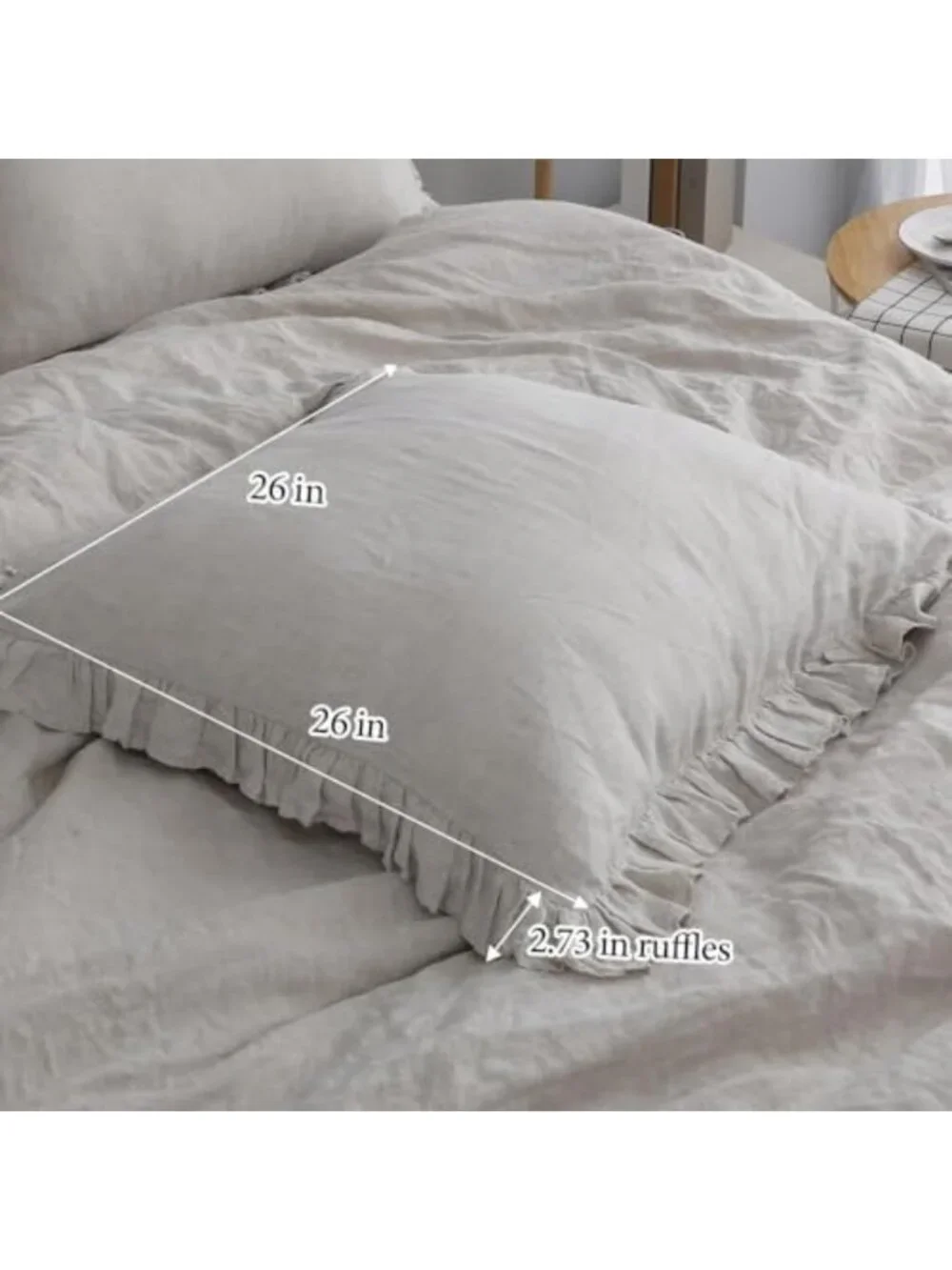 Linen Euro Sham Covers Set of 2, Ruffle 26x26 Inch Pillow Shams for Luxury Decor